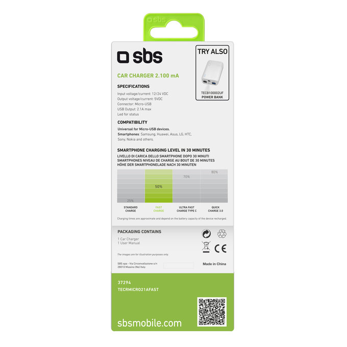 SBS - Autonabíječka Micro-USB, 2.1A, černá