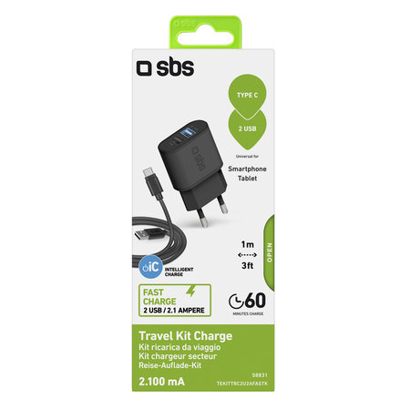 SBS - 10W Nabíjecí Adaptér 2x USB + Kabel USB / USB-C, černá