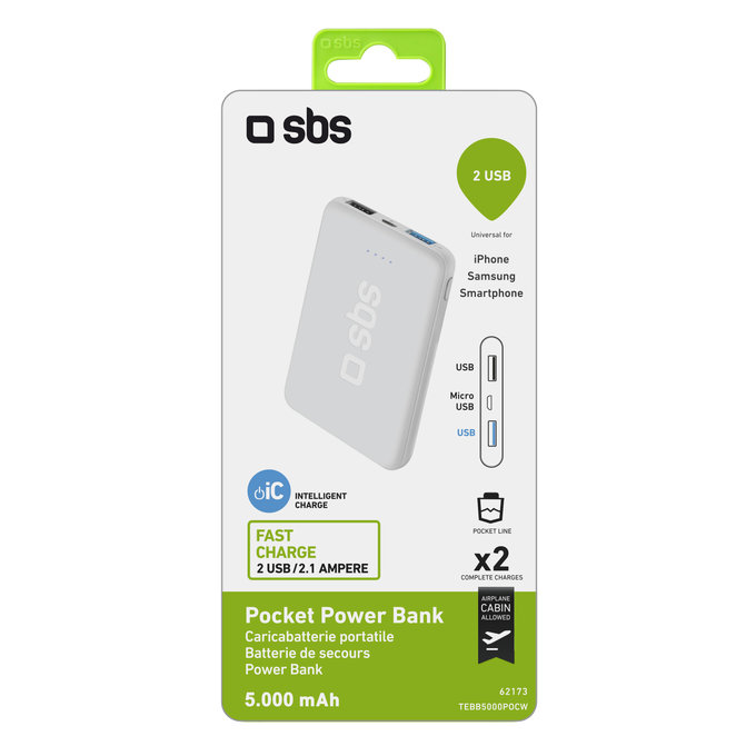 SBS - PowerBank 5000 mAh, 2x USB 2,1A, 1A, bílá