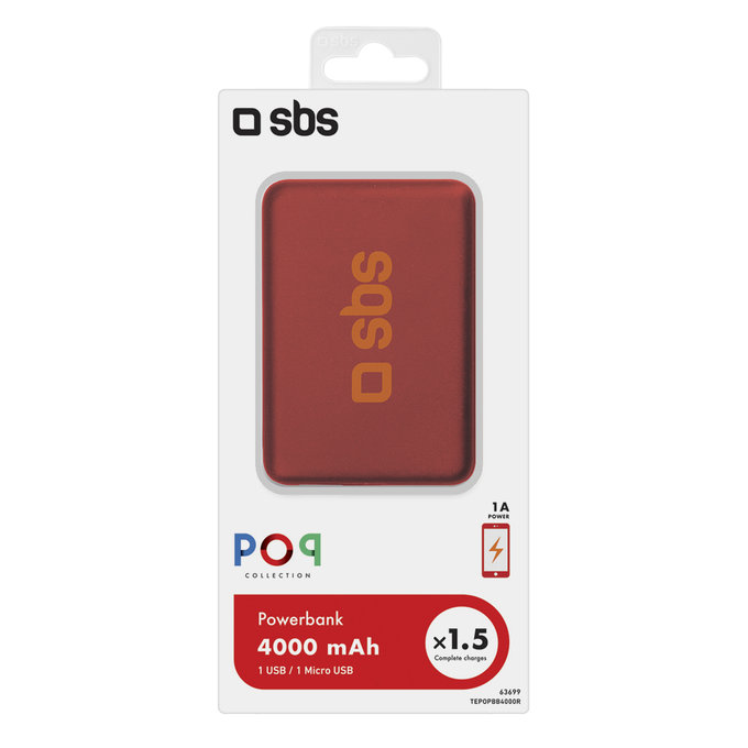SBS - PowerBank 4000 mAh - USB, Micro-USB, červená