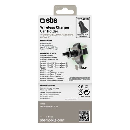 SBS - Gravitační držák do auta s bezdrátovým nabíjením, 10 W, Qi, černý