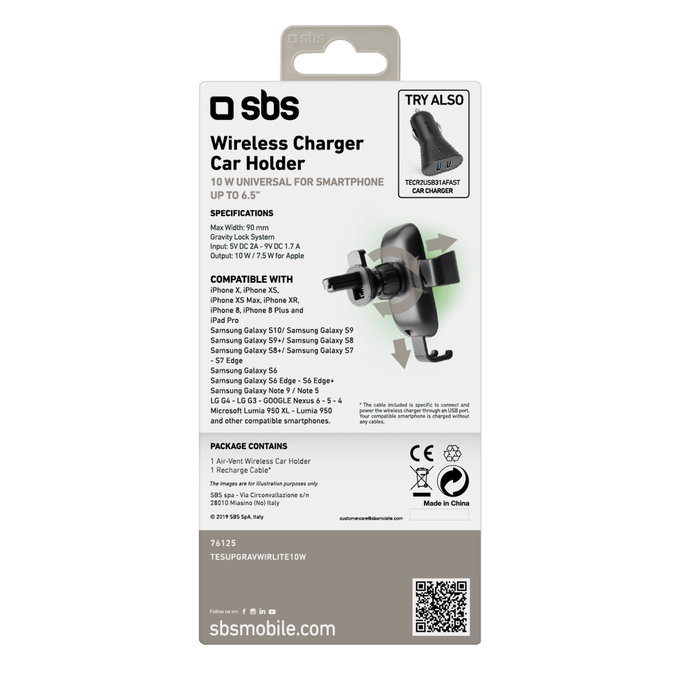 SBS - Gravitační držák do auta s bezdrátovým nabíjením, 10 W, Qi, černý