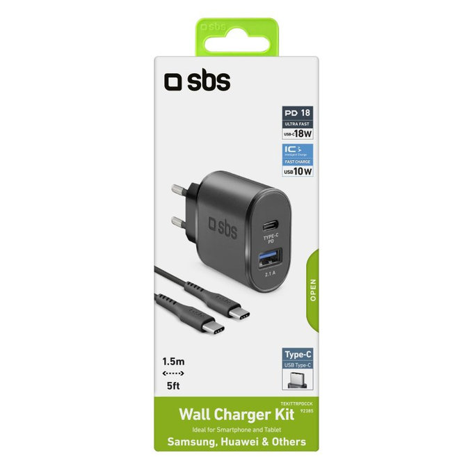 SBS - 18W Nabíjecí Adaptér USB, USB-C + Kabel USB-C / USB-C, černá