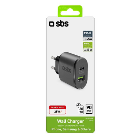 SBS - 25W Nabíjecí Adaptér USB, USB-C, černá
