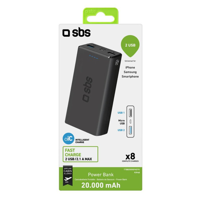 SBS - PowerBank 20 000 mAh, 2x USB, 2,1A, černá