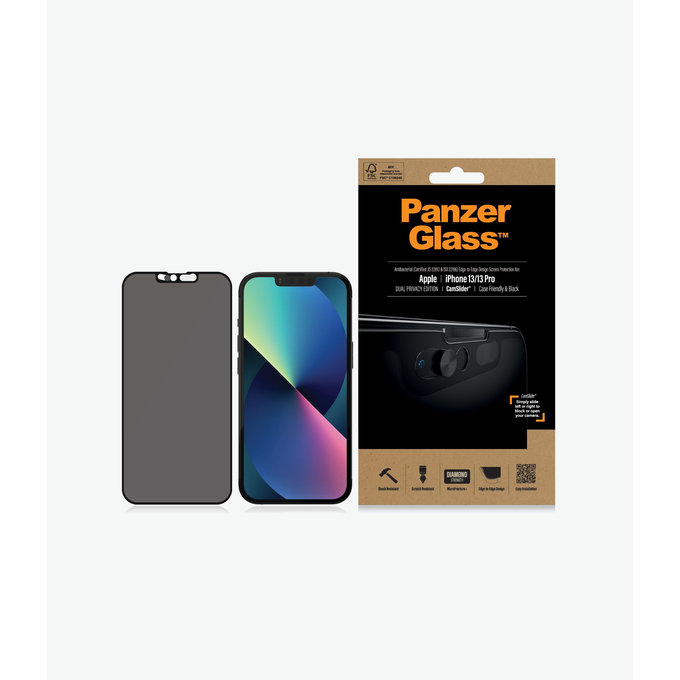 PanzerGlass - Tvrzené Sklo Case Friendly Privacy CamSlider AB pro iPhone 13, 13 Pro a 14, černá