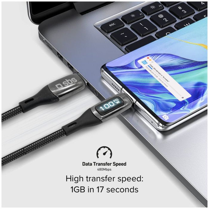 SBS - USB-C / USB-C Kabel s LCD a PowerDelivery 100W (1m), černá