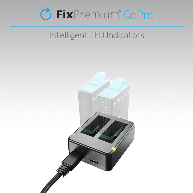 FixPremium - Nabíjacia Stanica pro 2 GoPro Batérie (Hero (2018)/Hero 5/Hero 6/Hero 7/Hero 8), čierna