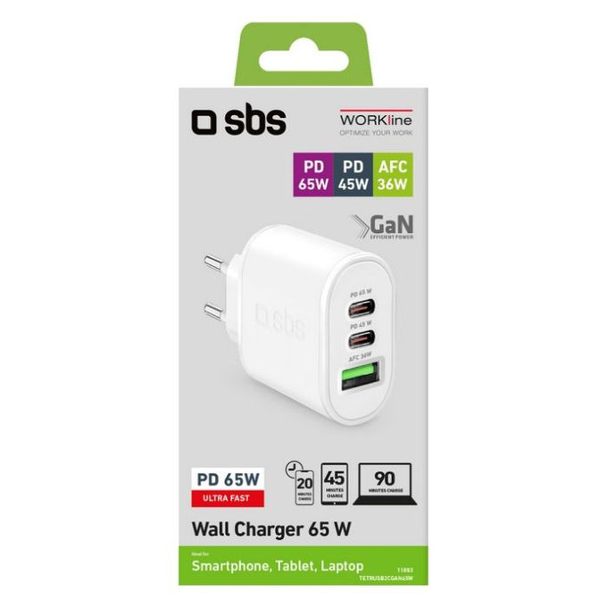 SBS - 65W Nabíjecí Adaptér USB (36W), 2x USB-C (65W, 45W), PowerDelivery, bílá