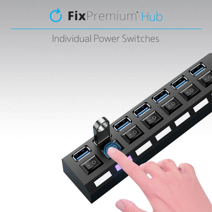 FixPremium - USB Hub s Vypínačem pro 7 USB, černá