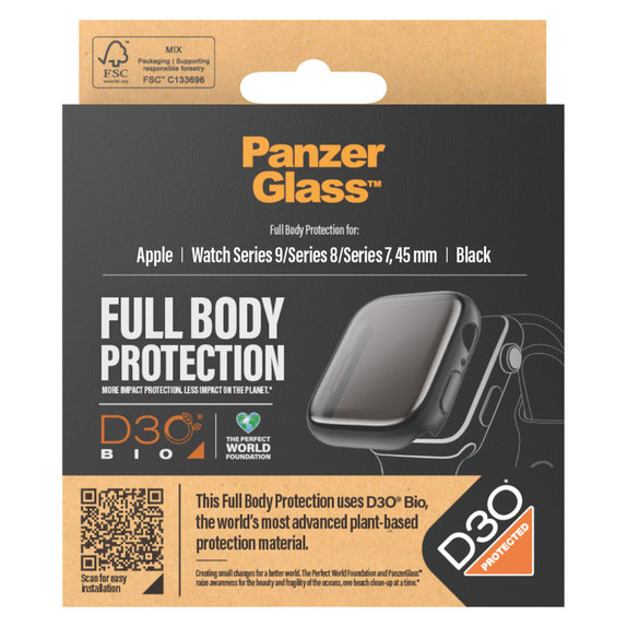 Tvrzené sklo Full Body D3O pro Apple Watch 9/8/7 45 mm, Černá, PanzerGlass
