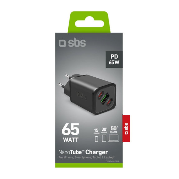 Cestovní adaptér NanoTube 2x USB-C/USB-A, GaN, 65 W PD, černá, SBS