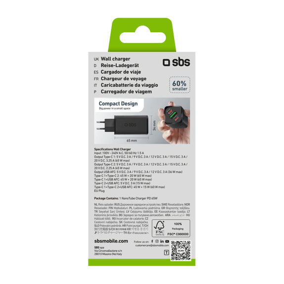 Cestovní adaptér NanoTube 2x USB-C/USB-A, GaN, 65 W PD, černá, SBS