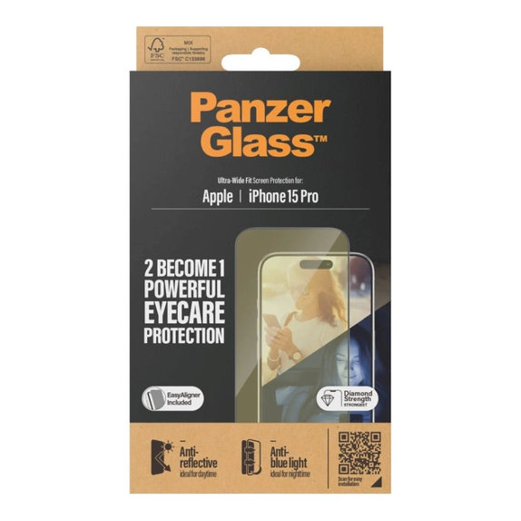 Tvrzené sklo UWF Eyecare s aplikátorem pro iPhone 15 Pro, Černá, PanzerGlass