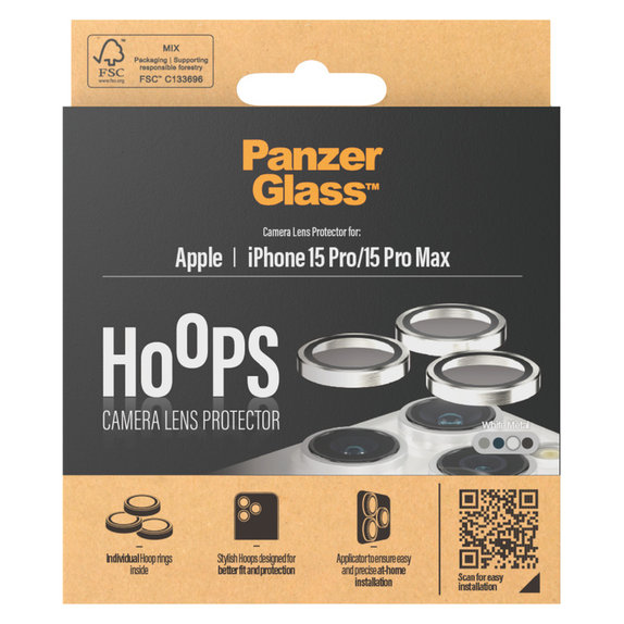 Ochranný kryt objektivu Hoops pro iPhone 15 Pro/15 Pro Max, White Metal, PanzerGlass