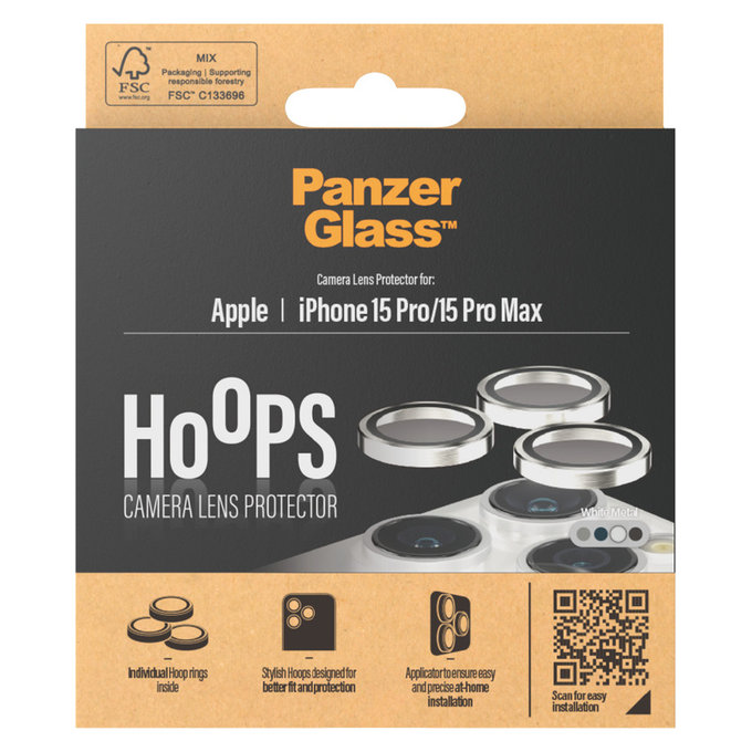 Ochranný kryt objektivu Hoops pro iPhone 15 Pro/15 Pro Max, White Metal, PanzerGlass