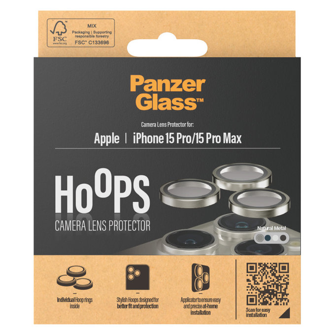 Ochranný kryt objektivu Hoops pro iPhone 15 Pro/15 Pro Max, Natural Metal, PanzerGlass
