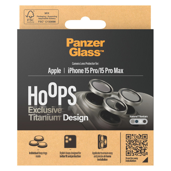 Ochranný kryt objektivu Hoops pro iPhone 15 Pro/15 Pro Max, Natural Titanium, PanzerGlass
