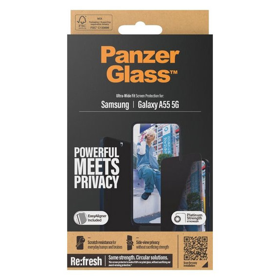 PanzerGlass - Tvrzené sklo Re:Fresh UWF Privacy s aplikátorem pro Samsung Galaxy A55, černá