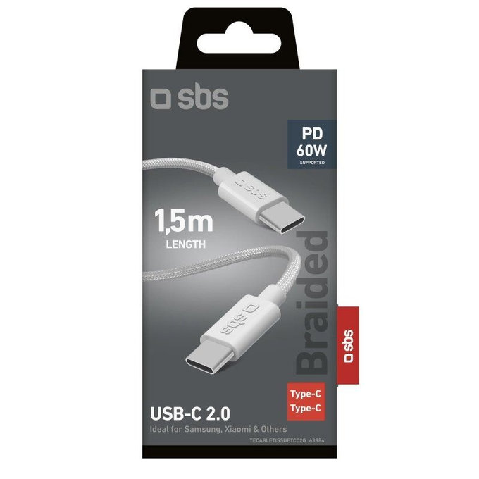 SBS - Opletený kabel USB-C/USB-C, PD, 60W, 2m, bílá