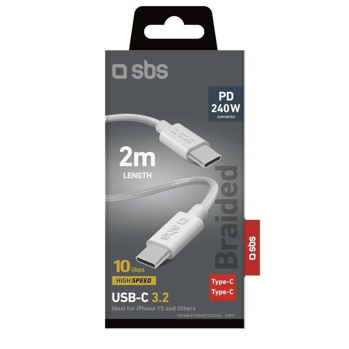 SBS - Opletený kabel USB-C/USB-C, PD, 240W, 2m, bílá