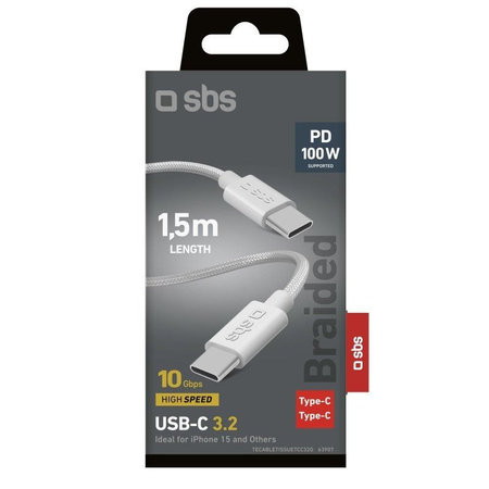 SBS - Opletený kabel USB-C/USB-C, PD, 100W, 1.5m, bílá