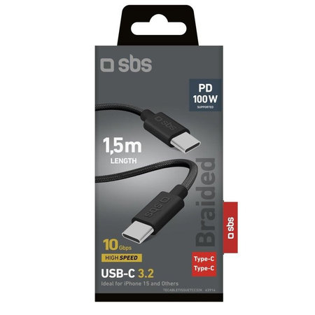 SBS - Opletený kabel USB-C/USB-C, PD, 100W, 1.5m, černá