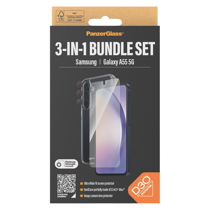 Bundle Hoops + Tvrzené sklo UWF + Hard Case D3O pro Samsung Galaxy A55 5G, PanzerGlass