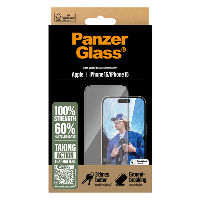 PanzerGlass - Tvrzené sklo UWF s aplikátorem pro iPhone 16, transparentní