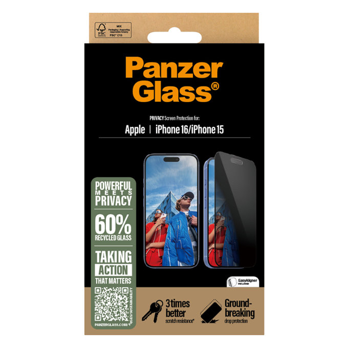 PanzerGlass - Tvrzené sklo UWF Privacy s aplikátorem pro iPhone 16, černá