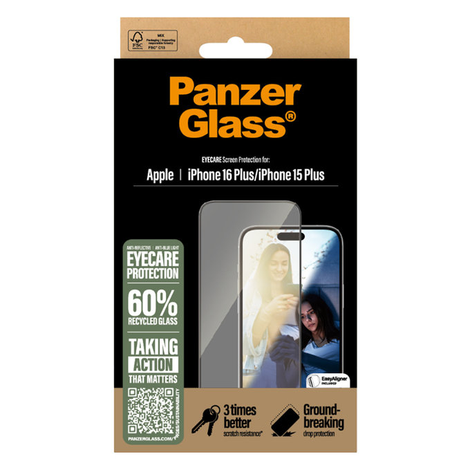 PanzerGlass - Tvrzené sklo UWF Eyecare s aplikátorem pro iPhone 16 Plus, černá