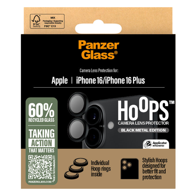 PanzerGlass - Ochranný Kryt Objektivu Fotoaparátu Hoops pro iPhone 16 a 16 Plus, černá
