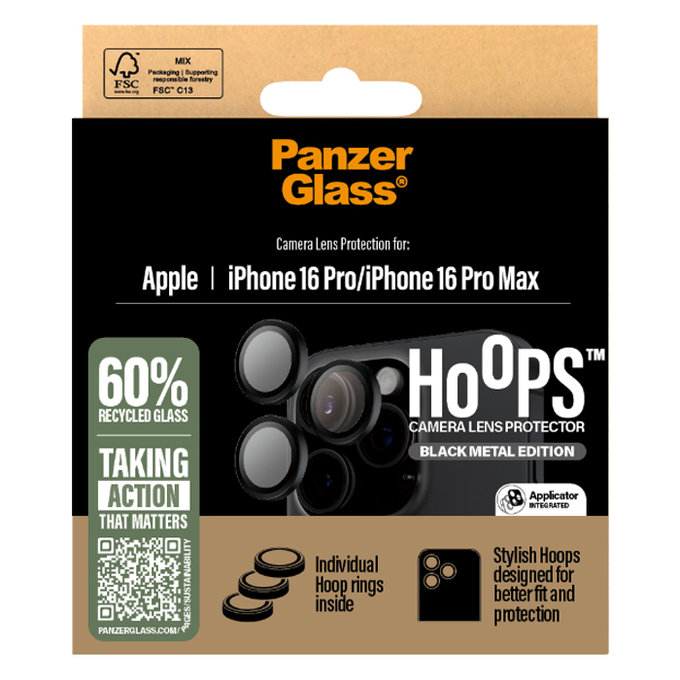 PanzerGlass - Ochranný Kryt Objektivu Fotoaparátu Hoops pro iPhone 16 Pro a 16 Pro Max, černá