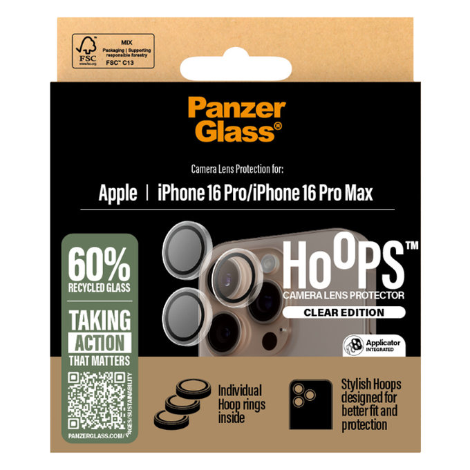 PanzerGlass - Ochranný Kryt Objektivu Fotoaparátu Hoops pro iPhone 16 Pro a 16 Pro Max, transparentní