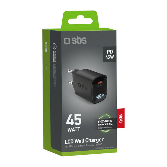 Cestovní adaptér LCD USB-C, GaN, 45 W PD, černá, SBS