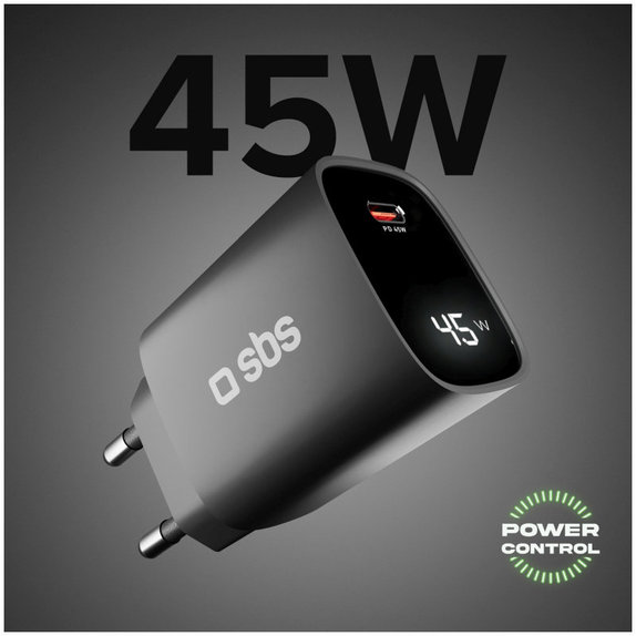 Cestovní adaptér LCD USB-C, GaN, 45 W PD, černá, SBS
