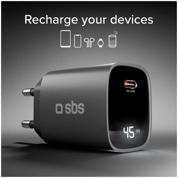 Cestovní adaptér LCD USB-C, GaN, 45 W PD, černá, SBS
