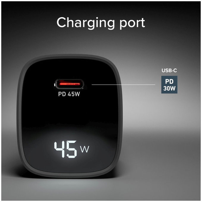 Cestovní adaptér LCD USB-C, GaN, 45 W PD, černá, SBS