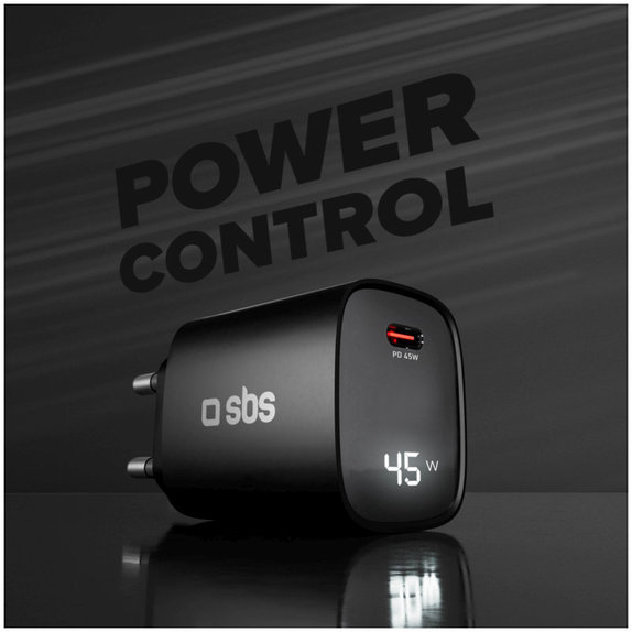 Cestovní adaptér LCD USB-C, GaN, 45 W PD, černá, SBS