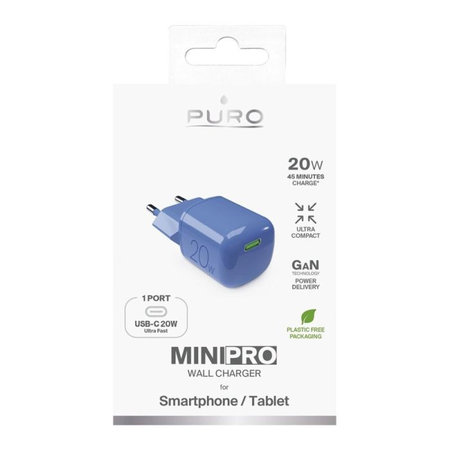 PURO - Nabíjecí Adaptér MiniPro USB-C, GaN, 20W, blue lagon
