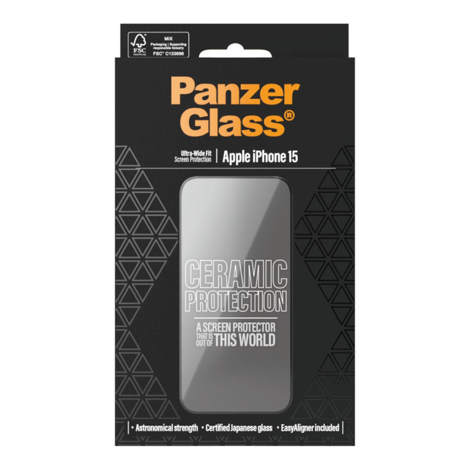 Tvrzené sklo UWF Ceramic s aplikátorem pro iPhone 15, Černá, PanzerGlass