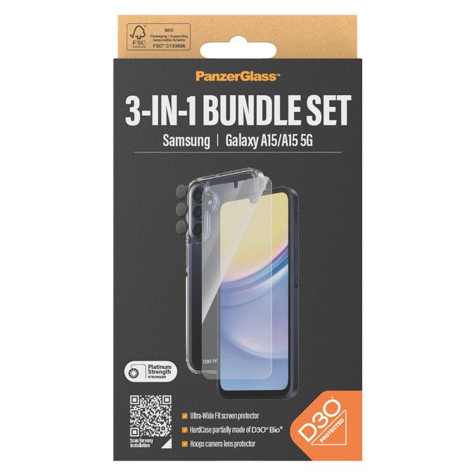 Bundle Hoops + Tvrzené sklo UWF + Hard Case D3O pro Samsung Galaxy A15/A15 5G, PanzerGlass