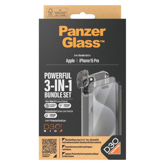 Bundle PicturePerfect + Tvrzené sklo UWF + Hard Case D3O pro iPhone 15 Pro, PanzerGlass