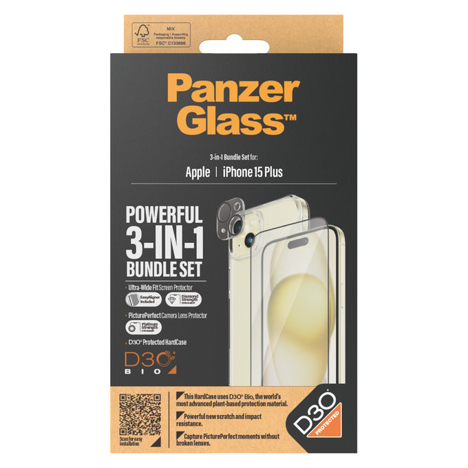 Bundle PicturePerfect + Tvrzené sklo UWF + Hard Case D3O pro iPhone 15 Plus, PanzerGlass