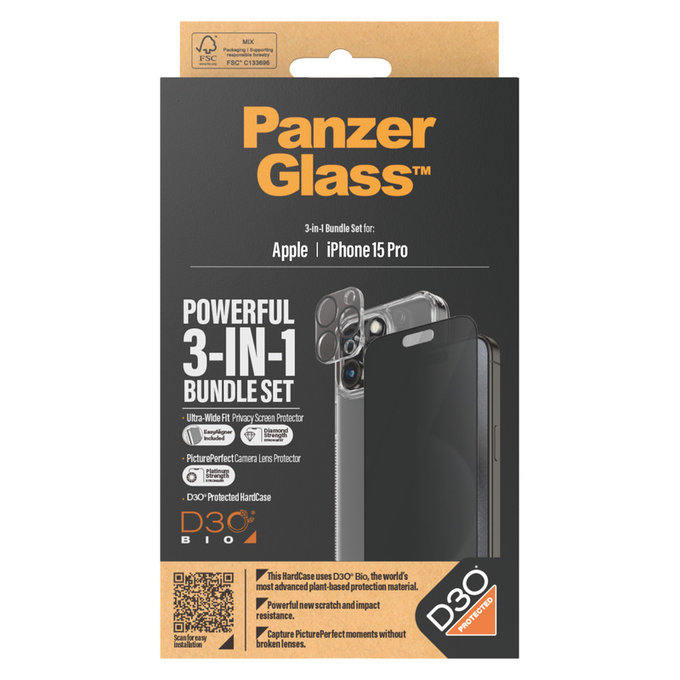 Bundle PicturePerfect + Tvrzené sklo UWF Privacy + Hard Case D3O pro iPhone 15 Pro, PanzerGlass