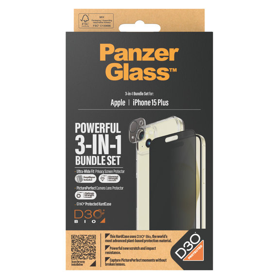 Bundle PicturePerfect + Tvrzené sklo UWF Privacy + Hard Case D3O pro iPhone 15 Plus, PanzerGlass