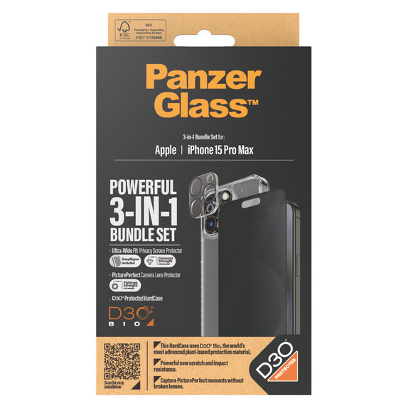 Bundle PicturePerfect + Tvrzené sklo UWF Privacy + Hard Case D3O pro iPhone 15 Pro Max, PanzerGlass