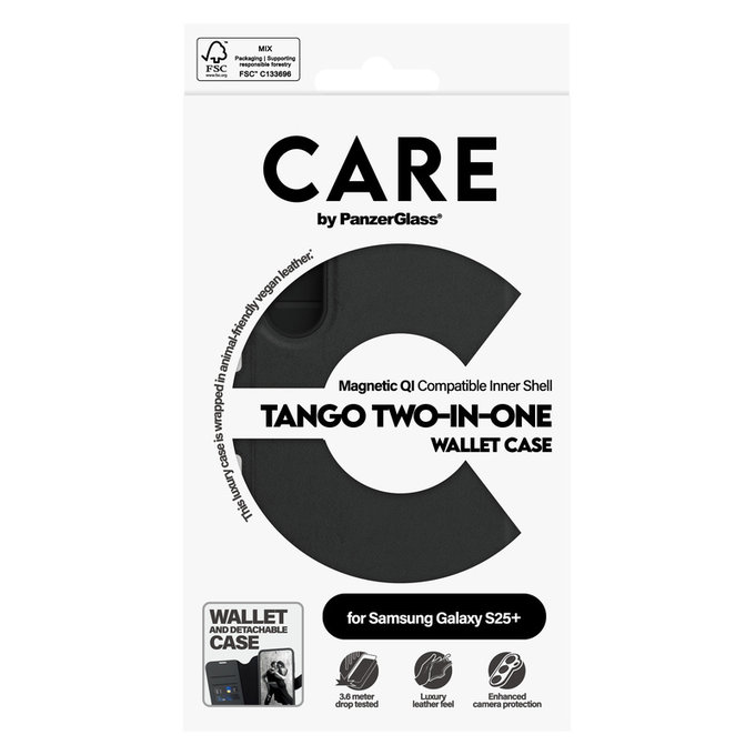 Pouzdro Wallet Tango Two-In-One s QI pro Samsung Galaxy S25+, Černá, PanzerGlass