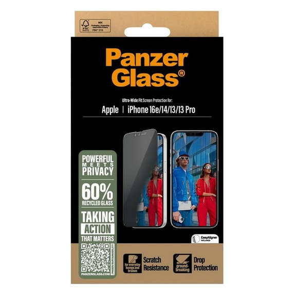 PanzerGlass - Tvrzené Sklo UWF Privacy s aplikátorem pro iPhone 13, 13 Pro, 14 a 16e, transparentná
