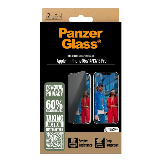 Tvrzené sklo UWF Privacy s aplikátorem pro iPhone 17e/16e/14/13/13 Pro, Černá, PanzerGlass